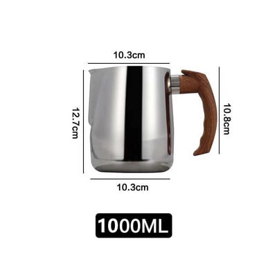 Rozsdamentes acél tejkancsó, 600/1000 ml-es kézi kávékrémes tejhabos kancsó csésze mérőjellel és fa nyéllel