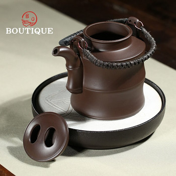 680 мл лилави глинени чайници Yixing Бамбукова бъчва Инфузер Ръчно изработена кана за чай Сурова руда Beauty Girder Чайник Китайски сервиз за чай Zisha Подаръци