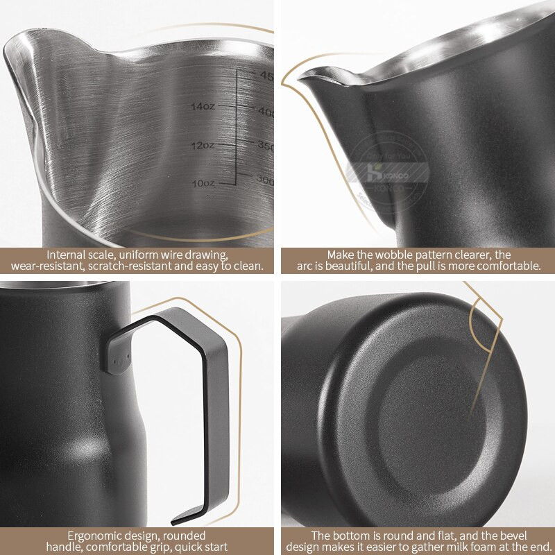 Konco nerūdijančio plieno pieno kavos putų ąsotis Picther 350/500 ml pieno ąsotis Cappuccino Latte Art puodelio espreso garų ąsotis