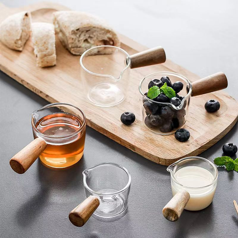 Espreso kavos matavimo stiklas Espresso Shot stiklinis dvigubas snapelis Espresso gėrimo stiklo puodeliai su medinėmis rankenomis matavimo stiklai