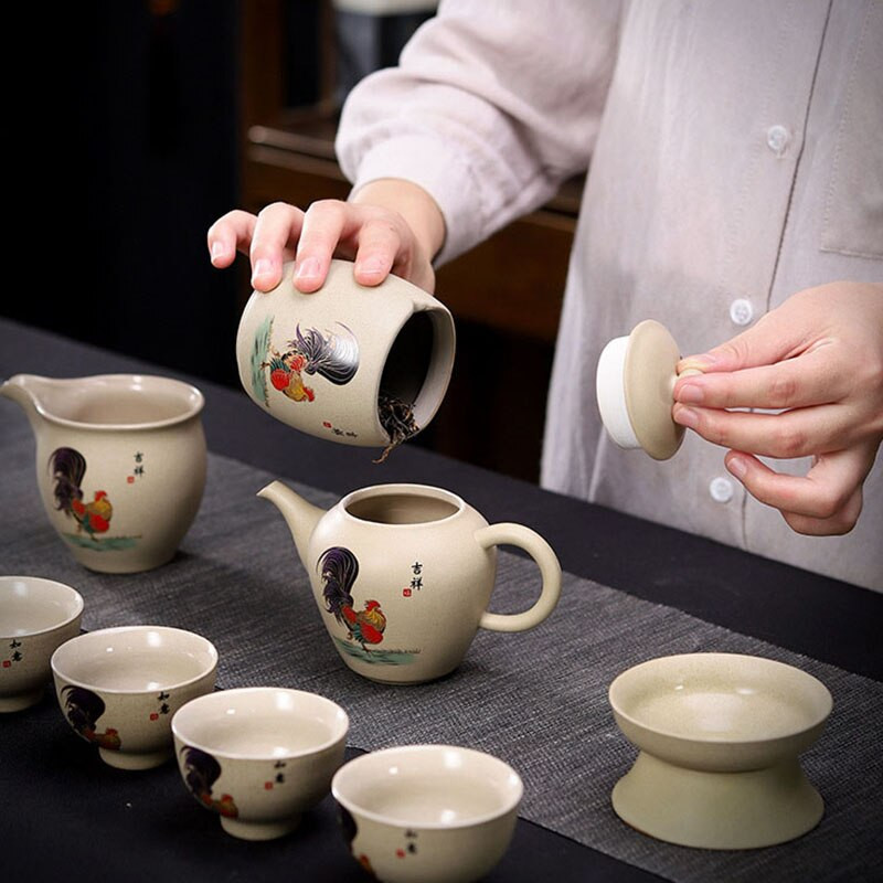 Ceainic din ceramică din ceramică brută retro, 170 ml, ceainic de artă cu pui cu strecurătoare, ceainic chinezesc Kung Fu Puer, ceainic pentru decorarea casei