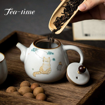 280 ml традиционна Ru Kiln керамични чайници, ръчно изработени сладка котешка шарка, чайник за пътуване, преносим филтър, кана за чай, домашен комплект за чай, съдове и прибори