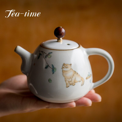 280 ml традиционна Ru Kiln керамични чайници, ръчно изработени сладка котешка шарка, чайник за пътуване, преносим филтър, кана за чай, домашен комплект за чай, съдове и прибори