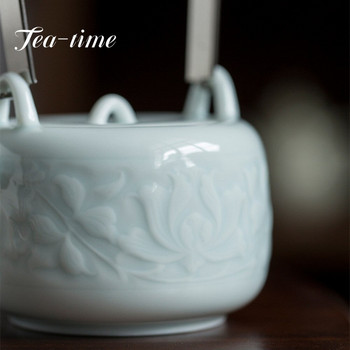 180ml Hutian Kiln Misty Blue Porcelain Teapot Relief Lotus Art Pot with Stainless Steel Beam Μικρό δοχείο με φίλτρο Kungfu Teaset