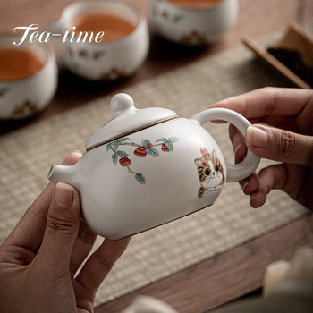 250 ml Cute Cat Ru Kiln Ceramic Teapot Ръчно изработена единична тенджера Xishi Open Piece Raising Pot Порцеланова тенджера за чай с филтър Подаръци