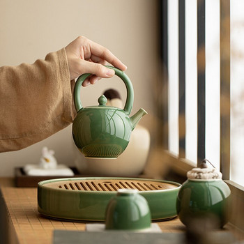 Yue Kiln Celadon Teapot Керамичен кунг-фу сервиз за чай в японски стил Кръгла луна Повдигаща се греда Саксия Синя стъклена глазура Чайник Малка тенджера