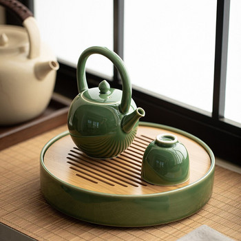 Yue Kiln Celadon Teapot Керамичен кунг-фу сервиз за чай в японски стил Кръгла луна Повдигаща се греда Саксия Синя стъклена глазура Чайник Малка тенджера