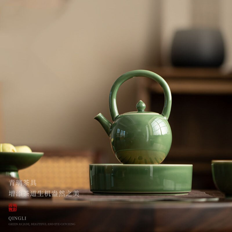 Cuptor Yue Celadon ceainic în stil japonez Set de ceai Kung Fu din ceramică Oală rotundă cu fascicul de ridicare din sticlă albastră Filtru de ceai Oală mică