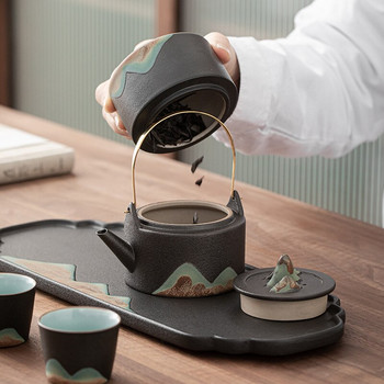 Глазура в японски стил Цветна ръчно рисувана планинска сянка чайник с дръжки с примка Чайник Кунг-фу Чаен комплект Малка единична тенджера