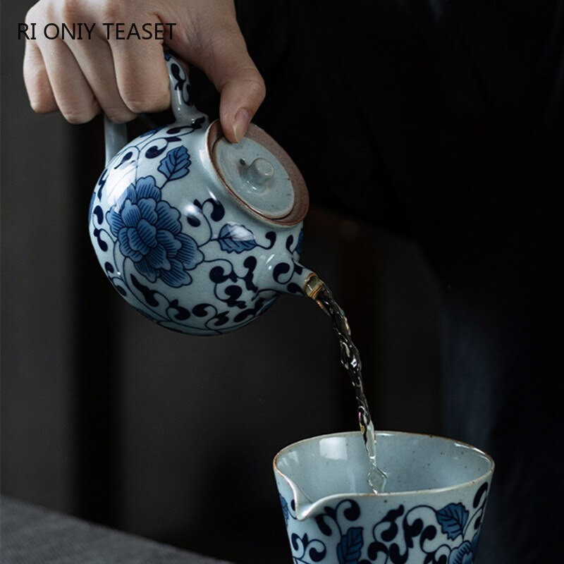 Ceainice de porțelan vintage albastru și alb de 130 ml, lucrate manual, ceainic din ceramică de capacitate mică, ceainic portabil de călătorie, set de ceai chinezesc