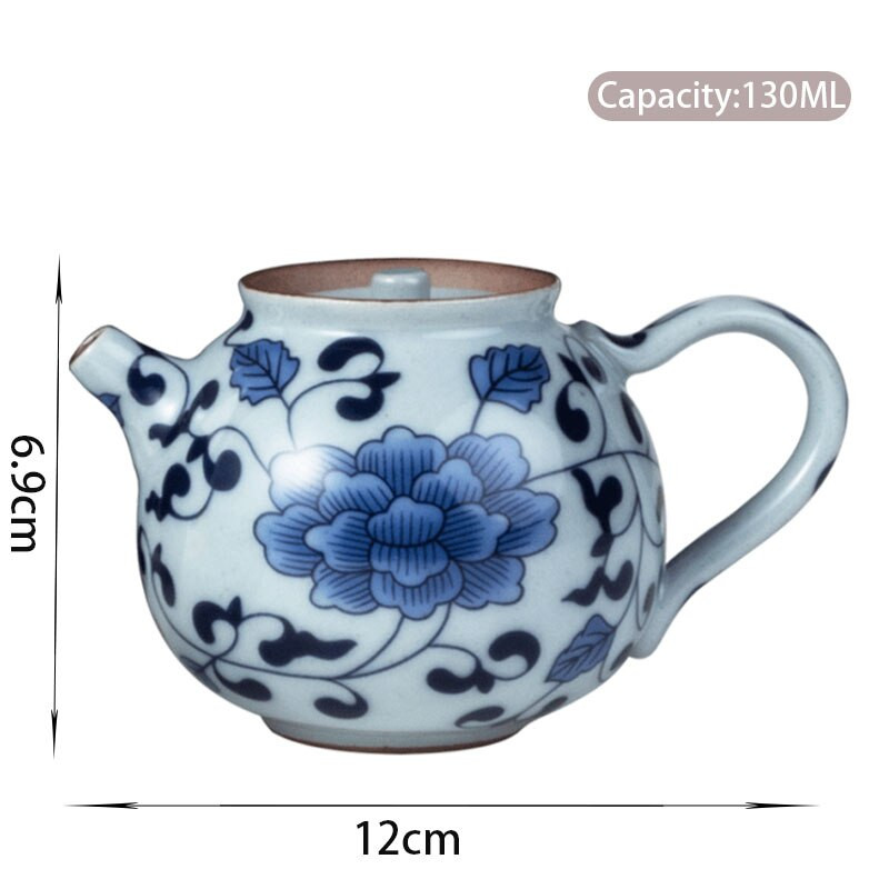Ceainice de porțelan vintage albastru și alb de 130 ml, lucrate manual, ceainic din ceramică de capacitate mică, ceainic portabil de călătorie, set de ceai chinezesc