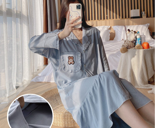 Дамска нощница с дълъг ръкав и шпиц деколте за кърмачки