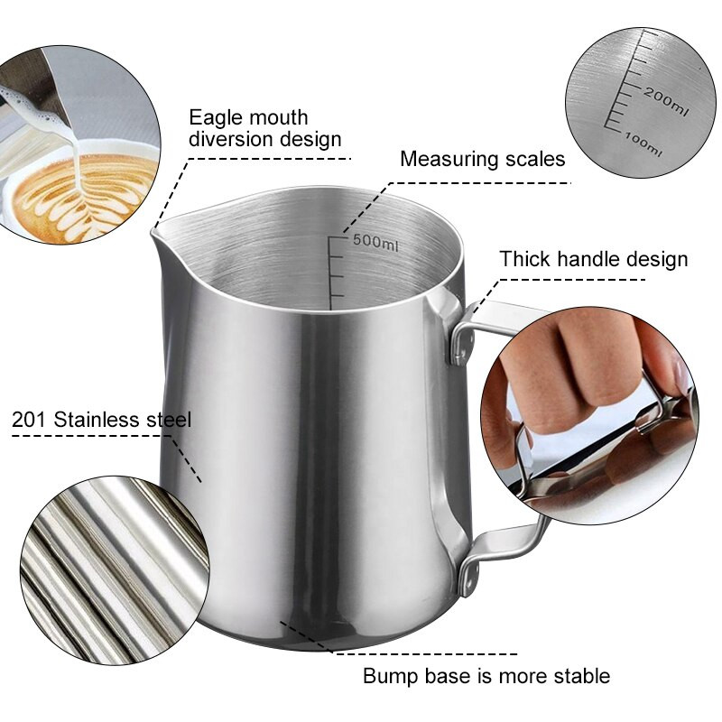 Rozsdamentes acél kávé tejhabosító vízforraló beépített hőmérővel vagy mérleg Espresso Latte Art és tejhabos kancsó csészével