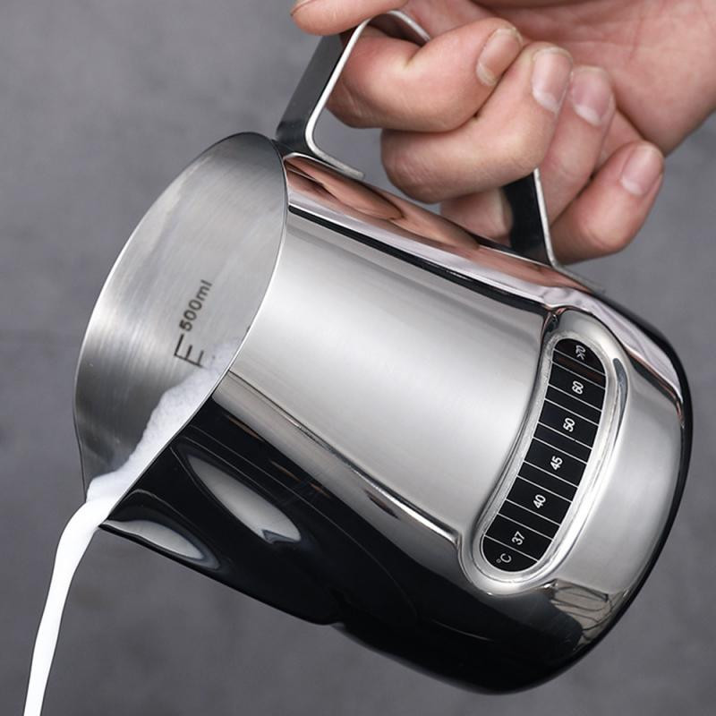 Rozsdamentes acél kávé tejhabosító vízforraló beépített hőmérővel vagy mérleg Espresso Latte Art és tejhabos kancsó csészével