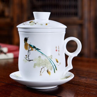 Ceașcă de ceai din ceramică pictată manual cu capac, filtru, ceașcă de apă, infuzor de ceai de mare capacitate, pentru uz casnic, ceașcă de ceai din porțelan alb