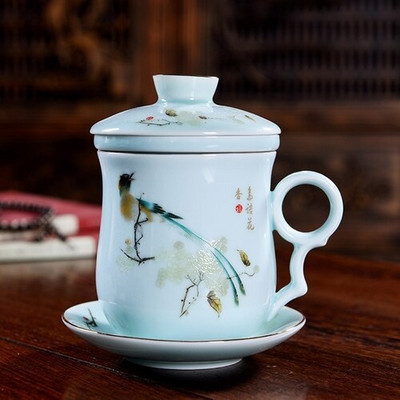 Ceașcă de ceai din ceramică pictată manual cu capac, filtru, ceașcă de apă, infuzor de ceai de mare capacitate, pentru uz casnic, ceașcă de ceai din porțelan alb