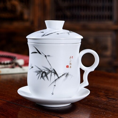 Ceașcă de ceai din ceramică pictată manual cu capac, filtru, ceașcă de apă, infuzor de ceai de mare capacitate, pentru uz casnic, ceașcă de ceai din porțelan alb
