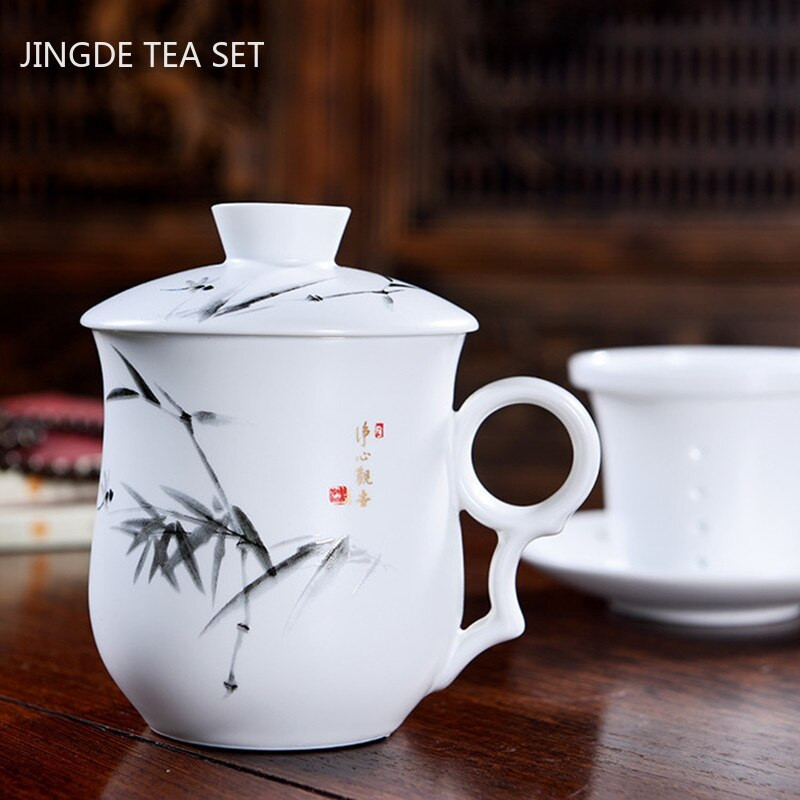 Ceașcă de ceai din ceramică pictată manual cu capac, filtru, ceașcă de apă, infuzor de ceai de mare capacitate, pentru uz casnic, ceașcă de ceai din porțelan alb
