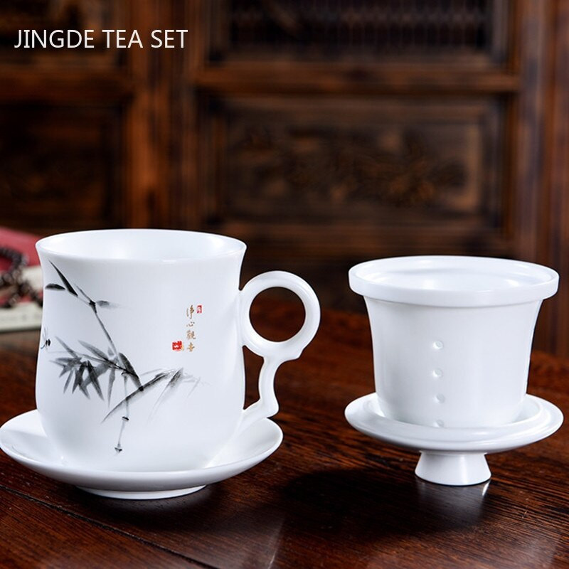 Ceașcă de ceai din ceramică pictată manual cu capac, filtru, ceașcă de apă, infuzor de ceai de mare capacitate, pentru uz casnic, ceașcă de ceai din porțelan alb