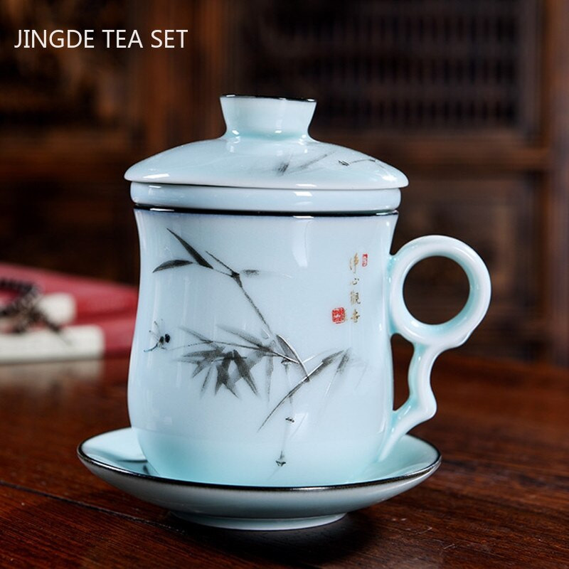 Ceașcă de ceai din ceramică pictată manual cu capac, filtru, ceașcă de apă, infuzor de ceai de mare capacitate, pentru uz casnic, ceașcă de ceai din porțelan alb