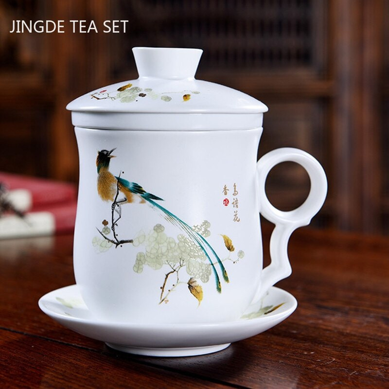 Ceașcă de ceai din ceramică pictată manual cu capac, filtru, ceașcă de apă, infuzor de ceai de mare capacitate, pentru uz casnic, ceașcă de ceai din porțelan alb