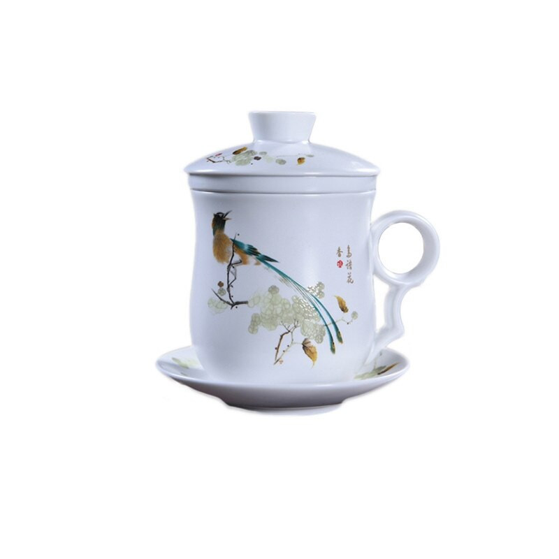 Ceașcă de ceai din ceramică pictată manual cu capac, filtru, ceașcă de apă, infuzor de ceai de mare capacitate, pentru uz casnic, ceașcă de ceai din porțelan alb