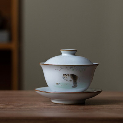 160ml Keraminis Gaiwan Cute Cat Porcelian Tureen Kinų senovinis glazūra Jingdezhen Teaset Arbatinuko dubuo įvairiai arbatai Porcelianas