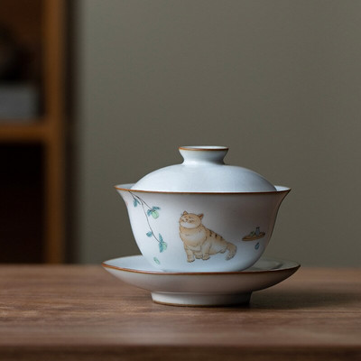160ml Keraminis Gaiwan Cute Cat Porcelian Tureen Kinų senovinis glazūra Jingdezhen Teaset Arbatinuko dubuo įvairiai arbatai Porcelianas