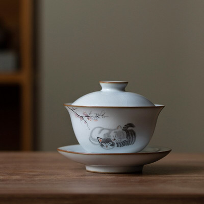 160ml Keraminis Gaiwan Cute Cat Porcelian Tureen Kinų senovinis glazūra Jingdezhen Teaset Arbatinuko dubuo įvairiai arbatai Porcelianas