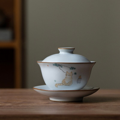 160ml Keraminis Gaiwan Cute Cat Porcelian Tureen Kinų senovinis glazūra Jingdezhen Teaset Arbatinuko dubuo įvairiai arbatai Porcelianas