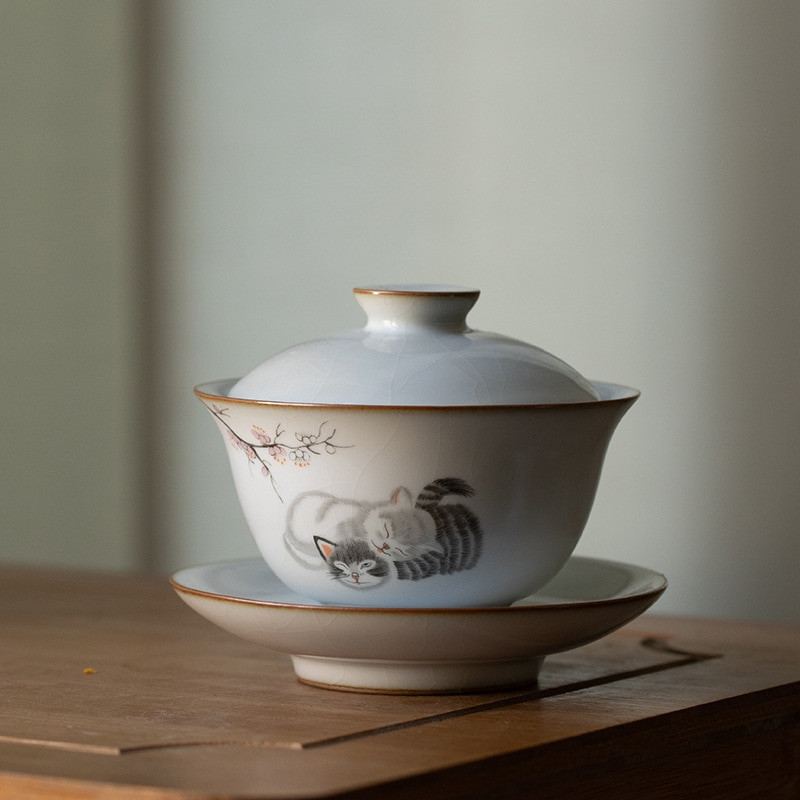 160ml Keraminis Gaiwan Cute Cat Porcelian Tureen Kinų senovinis glazūra Jingdezhen Teaset Arbatinuko dubuo įvairiai arbatai Porcelianas