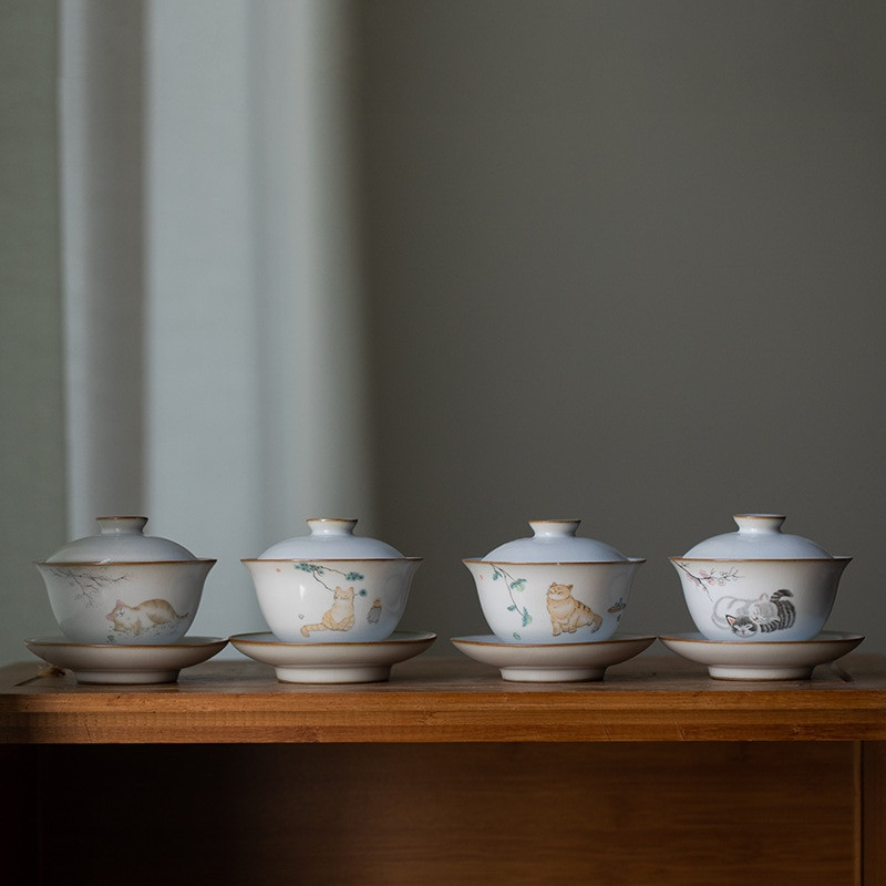 160ml Keraminis Gaiwan Cute Cat Porcelian Tureen Kinų senovinis glazūra Jingdezhen Teaset Arbatinuko dubuo įvairiai arbatai Porcelianas