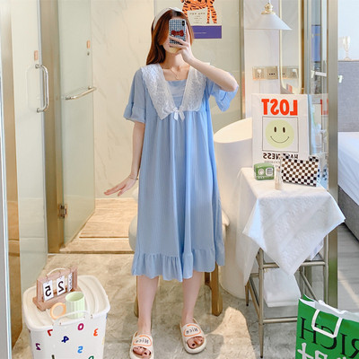 Ежедневна дамска нощница с дантела -син и розов цвят