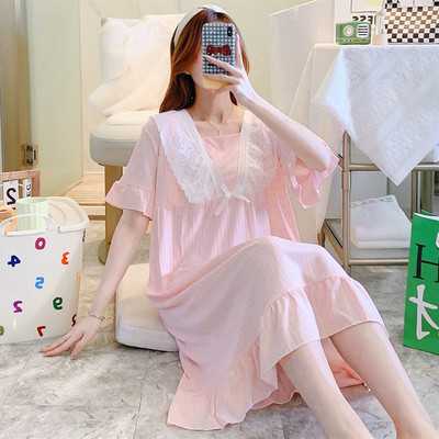 Ежедневна дамска нощница с дантела -син и розов цвят