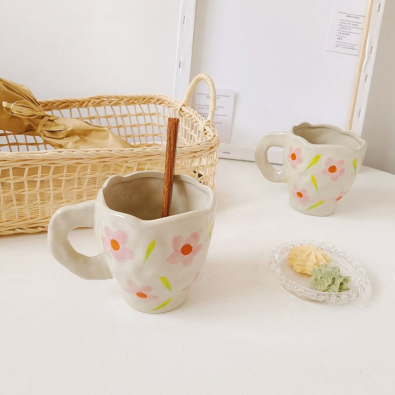 CuteLife Nordic Fehér Virág Kerámia kávéscsésze Konyhai Tej Tea Italkészlet Reggeli Csésze Porcelán Vintage Párajándékok Aranyos bögre