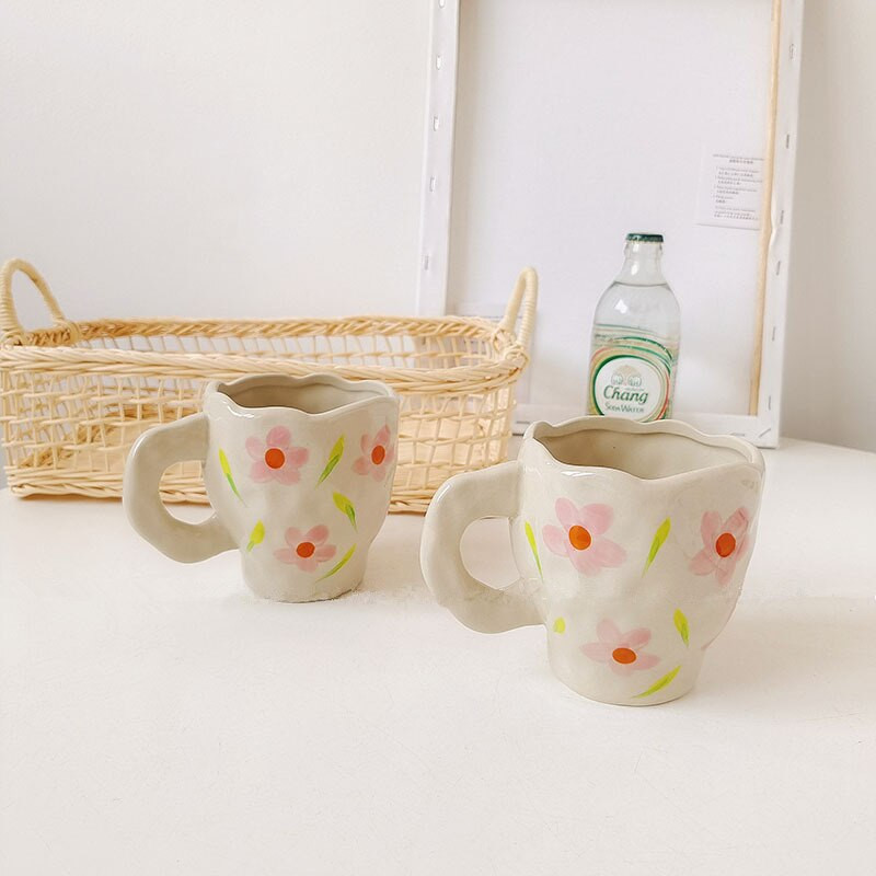 CuteLife Nordic Fehér Virág Kerámia kávéscsésze Konyhai Tej Tea Italkészlet Reggeli Csésze Porcelán Vintage Párajándékok Aranyos bögre