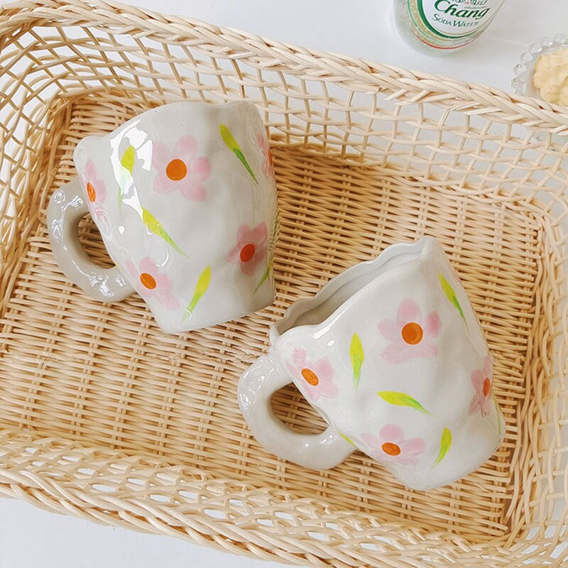 CuteLife Nordic Fehér Virág Kerámia kávéscsésze Konyhai Tej Tea Italkészlet Reggeli Csésze Porcelán Vintage Párajándékok Aranyos bögre
