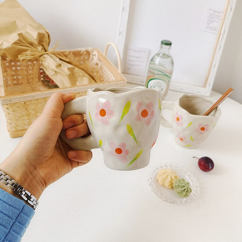 CuteLife Nordic Fehér Virág Kerámia kávéscsésze Konyhai Tej Tea Italkészlet Reggeli Csésze Porcelán Vintage Párajándékok Aranyos bögre