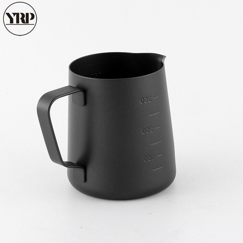 YRPCulcică de lapte din oțel inoxidabil Spumator de lapte ulcior negru Espresso Cafea Instrumente de barista Cramă de artizanat Cupă cu lapte Cana de lapte cu cântare