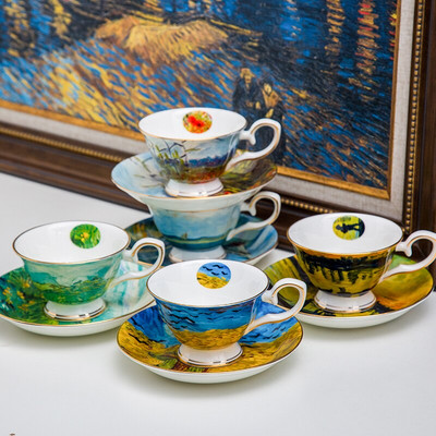 kaula porcelāna kafijas komplekts apakštase Van Gogh glezna tējas komplekts keramikas un biznesa kafijas krūze un apakštase