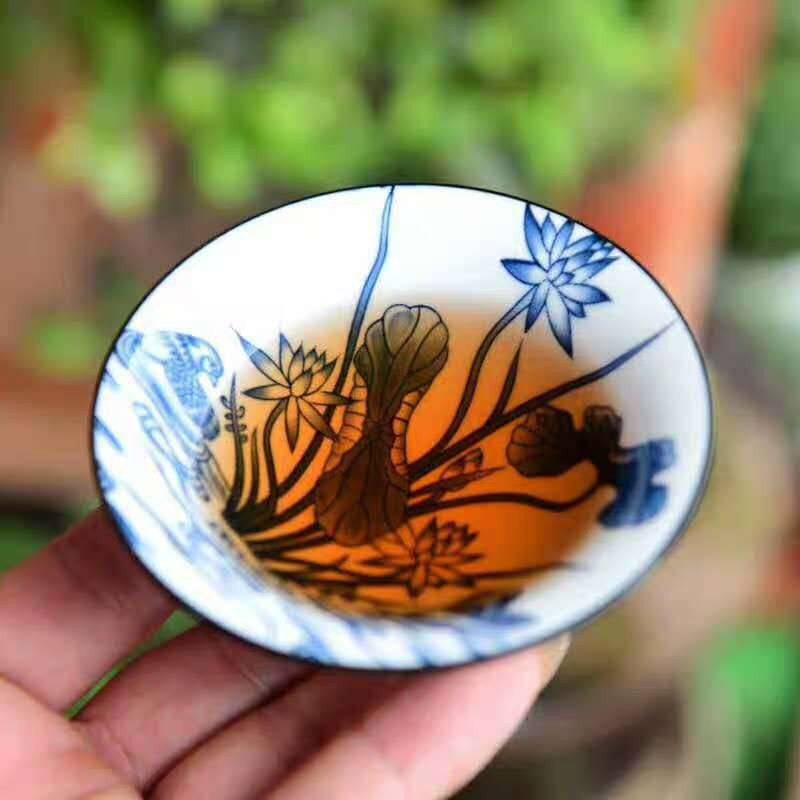 Kézzel festett kerámia bambusz-sapkás csésze Mester Kung Fu teáscsészék Jianzhan egyetlen elismerésű kék-fehér porcelán tálbögre
