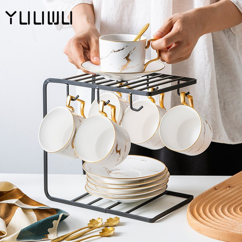 Marble Ceramic Coffee Poucer Poon Set 200ml Nordic Tea Cup Matt Porcelain Tea Set Advanced Teacup Cafe Cup Espresso