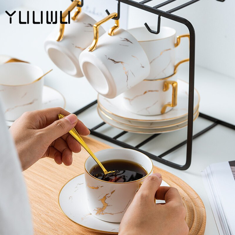 Marble Ceramic Coffee Poucer Poon Set 200ml Nordic Tea Cup Matt Porcelain Tea Set Advanced Teacup Cafe Cup Espresso