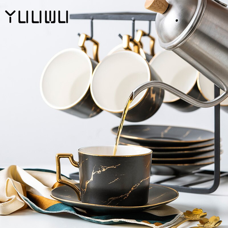 Marble Ceramic Coffee Poucer Poon Set 200ml Nordic Tea Cup Matt Porcelain Tea Set Advanced Teacup Cafe Cup Espresso