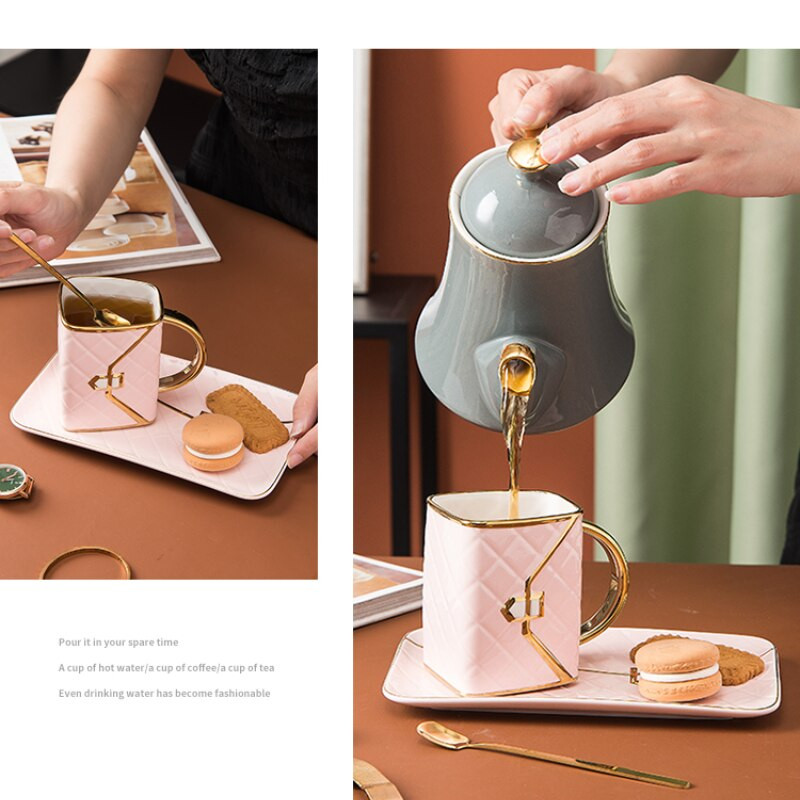 Rankinės formos kūrybingas puodelis su lėkšte ir šaukštu Šiaurės keramikos pieno arbatos puodelis Biuro puodeliai Geriamųjų reikmenų Kūrybiniai kavos puodelių rinkiniai