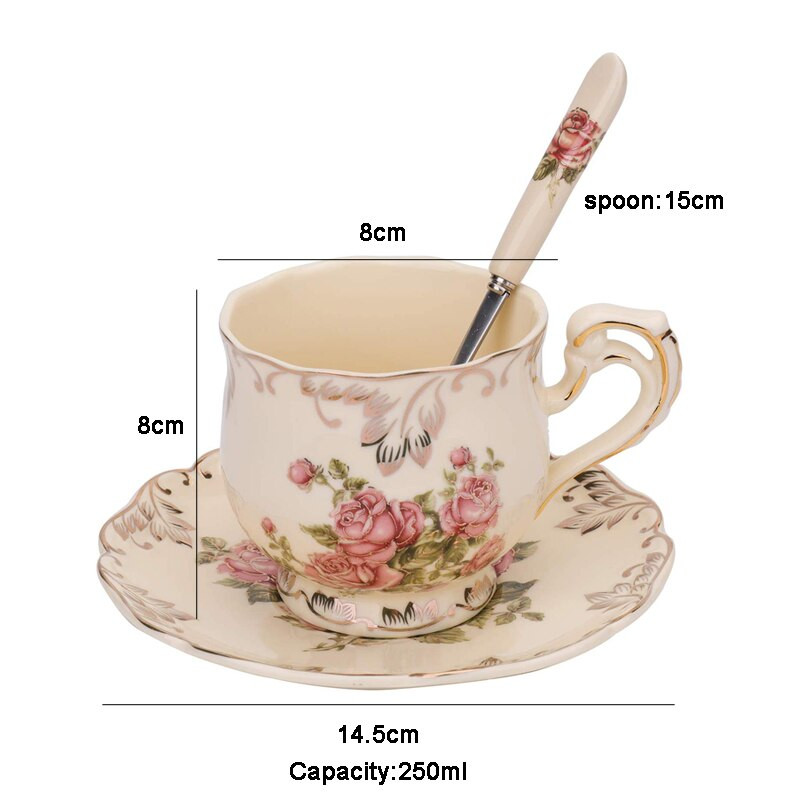Európai csésze és csészealj készlet 250 ml/8 oz. Elefántcsont porcelán kávéscsésze Vintage virágos kerámia teáscsésze készlet csészealjjal és kanállal