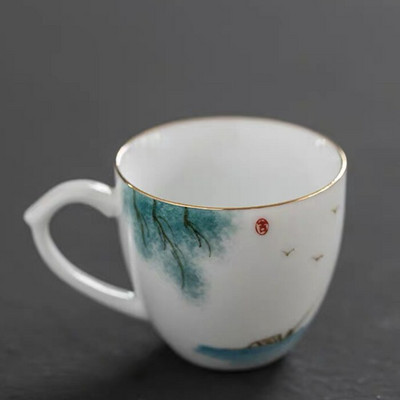 Keraminis rankomis dažytas Lotus Master arbatos puodelis su rankena balto porceliano arbatos puodelis Paprastas kiniškas Kung Fu vandens puodelis biuro gėrimai