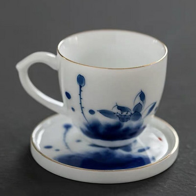 Keraminis rankomis dažytas Lotus Master arbatos puodelis su rankena balto porceliano arbatos puodelis Paprastas kiniškas Kung Fu vandens puodelis biuro gėrimai