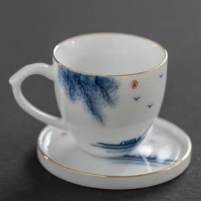 Keraminis rankomis dažytas Lotus Master arbatos puodelis su rankena balto porceliano arbatos puodelis Paprastas kiniškas Kung Fu vandens puodelis biuro gėrimai