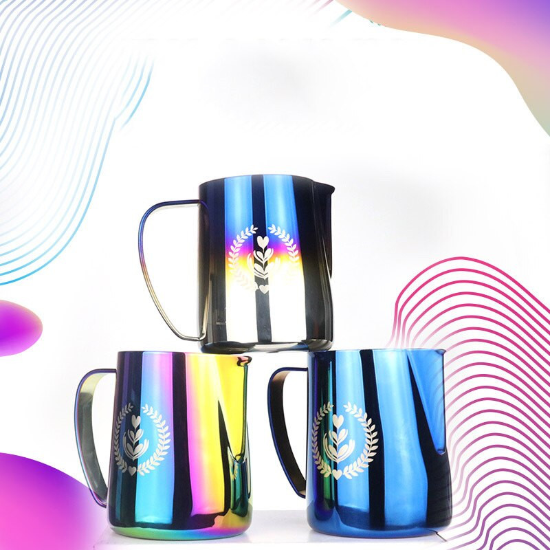 Tejgőzölő haboskancsó, rozsdamentes acél, tapadásmentes tejkancsó húzható virágcsésze, tökéletes kávéhoz Cappuccino Latte Art 600 ml
